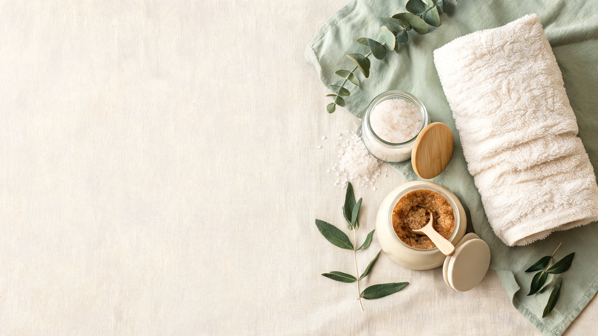Spa-style bath and home essentials flat lay