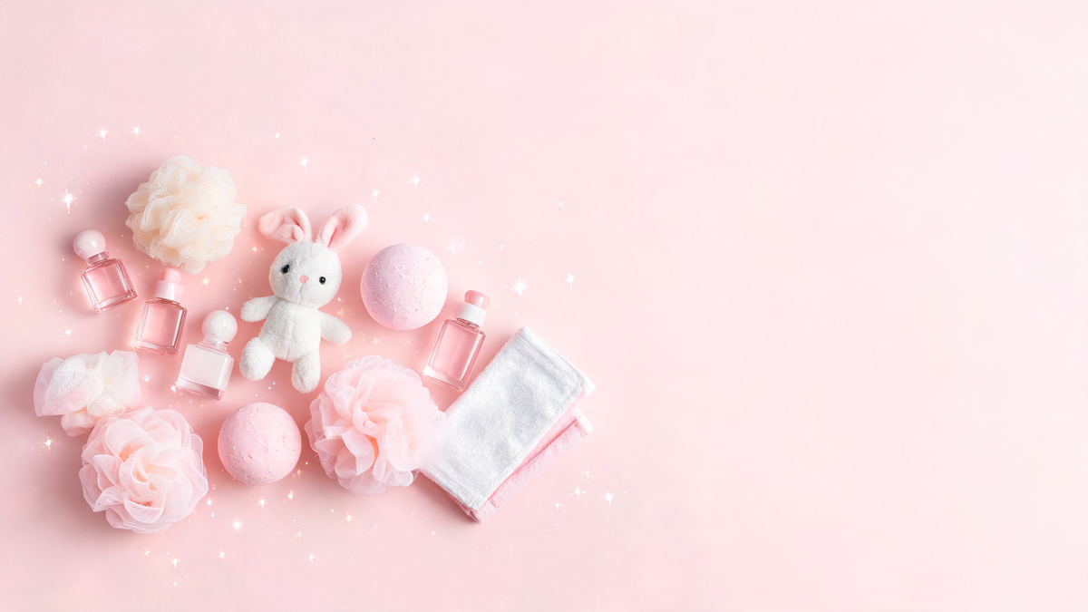 Pastel kids bath and beauty products flat lay