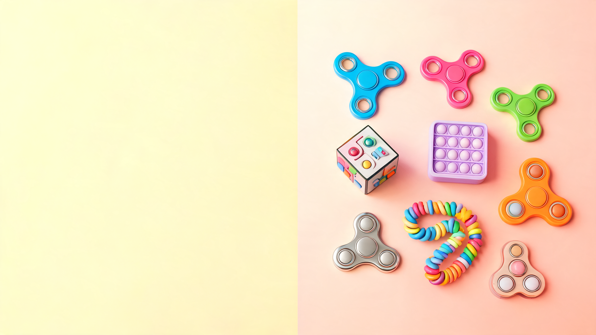Colorful toys and fidget spinners flat lay